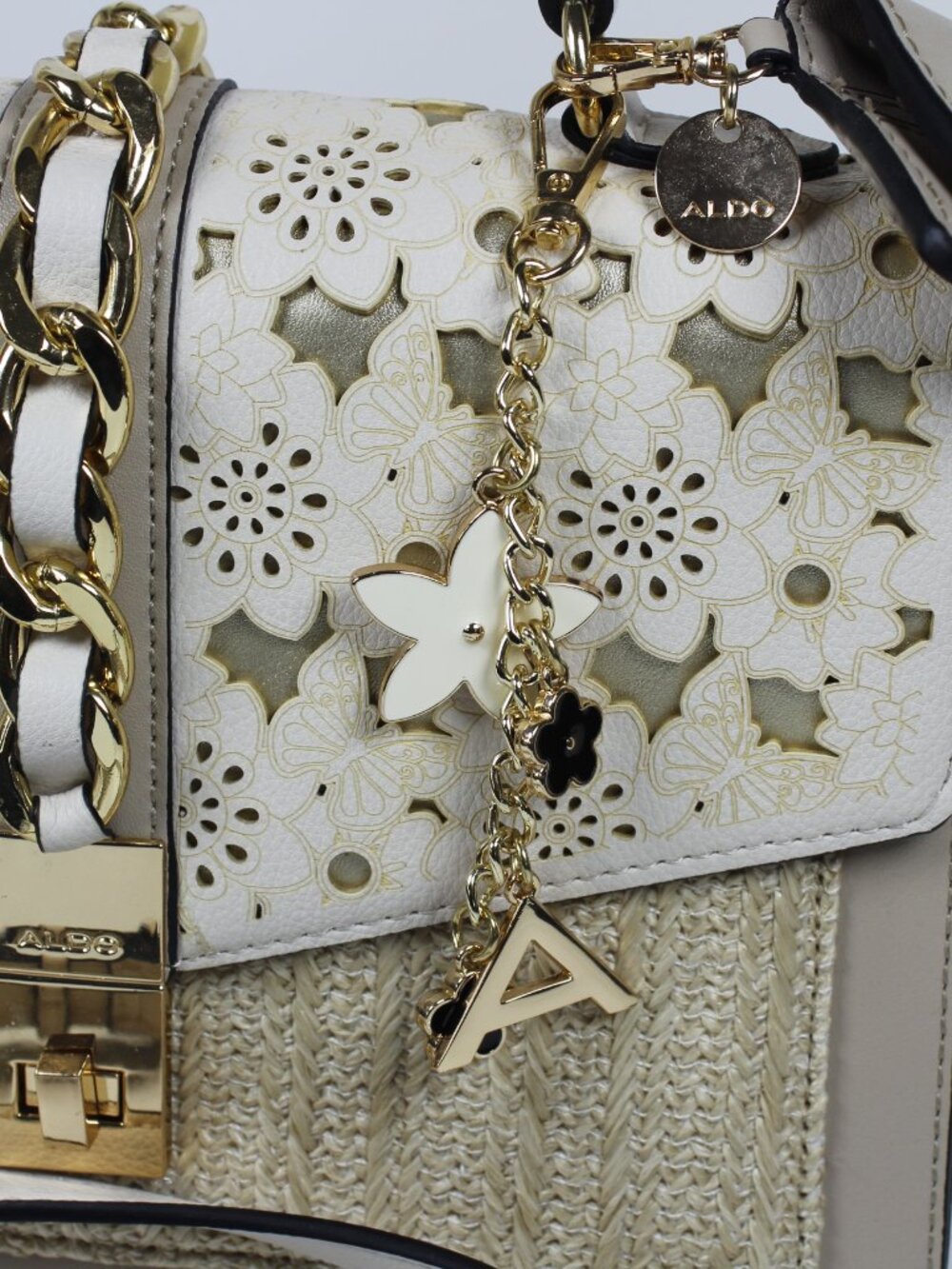 Aldo Beige Satchel Bag with Laser-Cut Floral Flap and Gold Chain - Picture 4 of 10